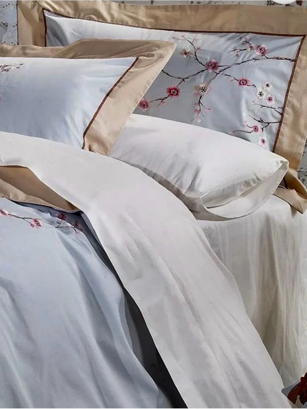 Light blue and Beige Floral Embroidered Bedding Set